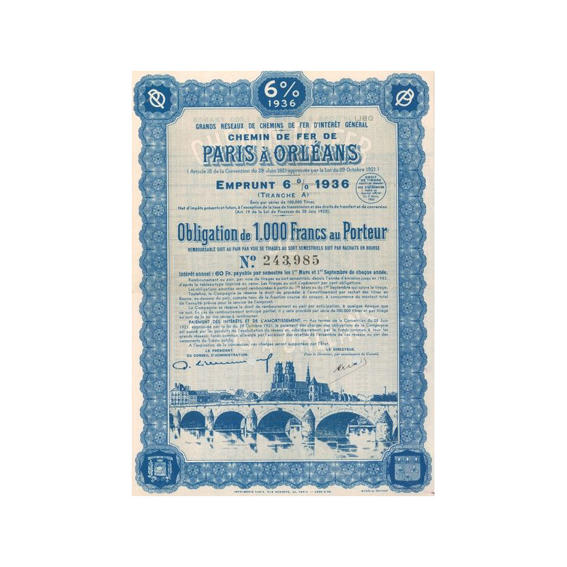 Grands Réseaux de Chemins de Fer d'Intérêt Général - Chemins de Fer de Paris à Orléans - Emprunt 6 % 1936 Tranche A (Obl 1000 F)
