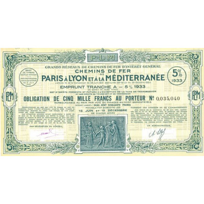 Grands Réseaux de Chemins de Fer d'Intérêt Général - Chemins de Fer de Paris à Lyon et à la Méditerranée - Emprunt 5 % 1933 Tran