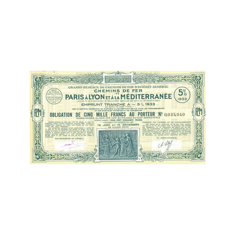Grands Réseaux de Chemins de Fer d'Intérêt Général - Chemins de Fer de Paris à Lyon et à la Méditerranée - Emprunt 5 % 1933 Tran