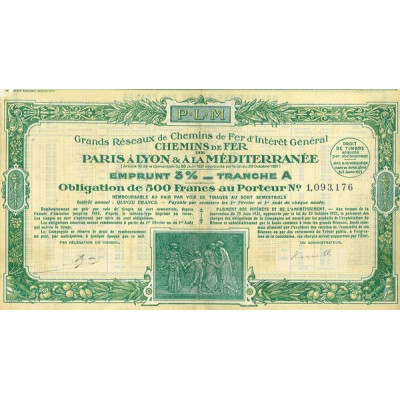 Grands Réseaux de Chemins de Fer d'Intérêt Général - Chemins de Fer de Paris à Lyon et à la Méditerranée - Emprunt 3 % (Obl 500 