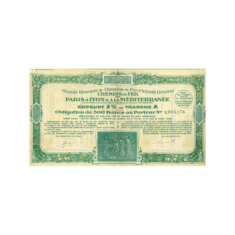 Grands Réseaux de Chemins de Fer d'Intérêt Général - Chemins de Fer de Paris à Lyon et à la Méditerranée - Emprunt 3 % (Obl 500 