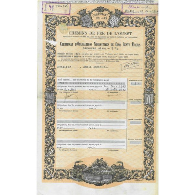 Chemins de Fer de l'Ouest (Certif Obl Nomin 500 F 1ère série 3 %)