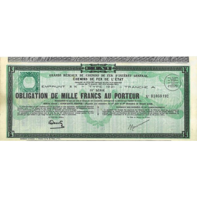 Grands Réseaux de Chemins de Fer d'Intérêt Général - Chemins de Fer de l'Etat - Emprunt 5 % Type 1921 Tranche A