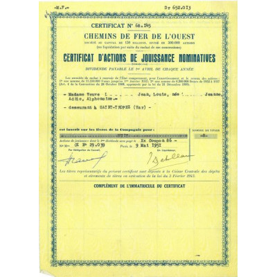 Chemins de Fer de l'Ouest (Certif Act Jouissance Nomin)