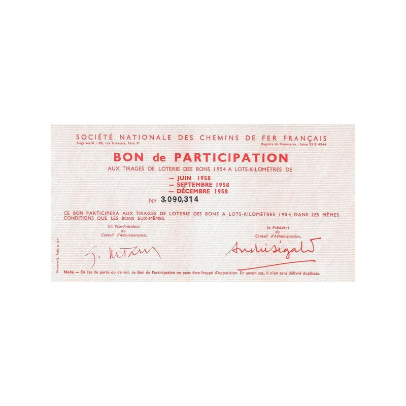 Sté Nationale des Chemins de Fer Français - Bon de participation