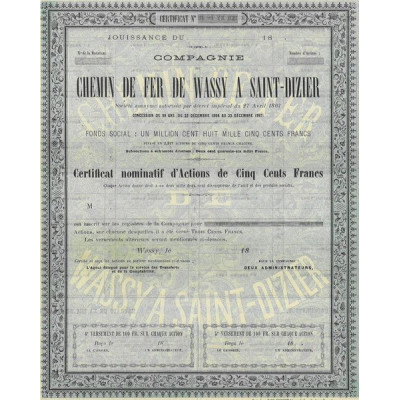 Cie du Chemin de Fer de Wassy à Saint-Dizier (Certif) (blanquette)