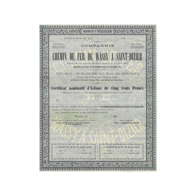 Cie du Chemin de Fer de Wassy à Saint-Dizier (Certif) (blanquette)