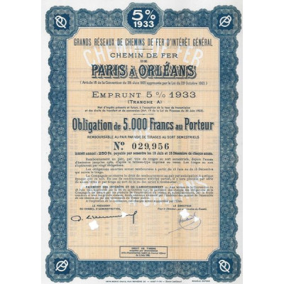 Grands Réseaux de Chemins de Fer d'Intérêt Général - Chemins de Fer de Paris à Orléans - Emprunt 5 % 1933 Tranche A (Obl 5000 F)