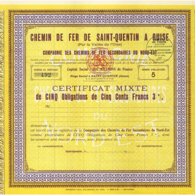 Chemin de Fer de Saint-Quentin à Guise (par la Vallée de l'Oise) Cie des Chemins de Fer Secondaires du Nord-Est (blanquette)