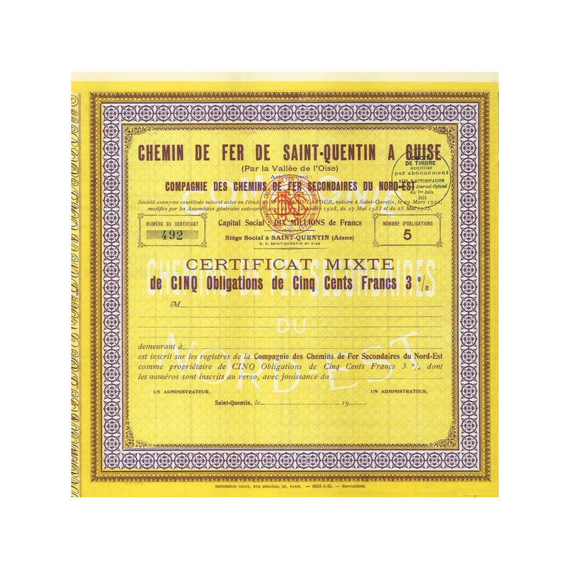 Chemin de Fer de Saint-Quentin à Guise (par la Vallée de l'Oise) Cie des Chemins de Fer Secondaires du Nord-Est (blanquette)