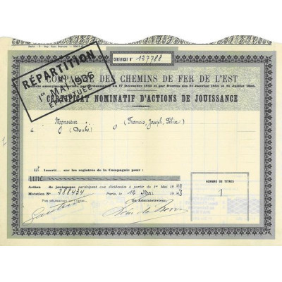 Cie des Chemins de Fer de l'Est (Certif Nomin Act Jouissance)