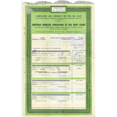 Cie des Chemins de Fer de l'Est (Certif Nomin Act 500 F)