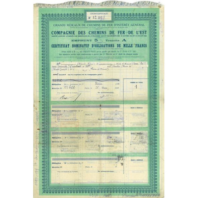 Grands Réseaux de Chemins de Fer d'Intérêt Général - Cie des Chemins de Fer de l'Est - Emprunt 5 Tranche A