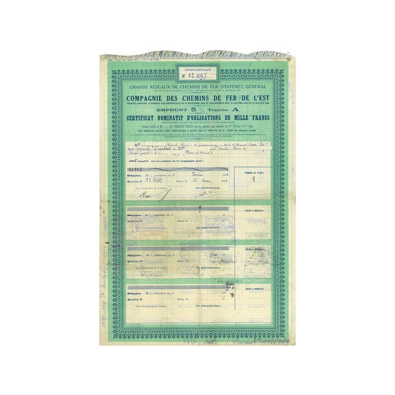 Grands Réseaux de Chemins de Fer d'Intérêt Général - Cie des Chemins de Fer de l'Est - Emprunt 5 Tranche A