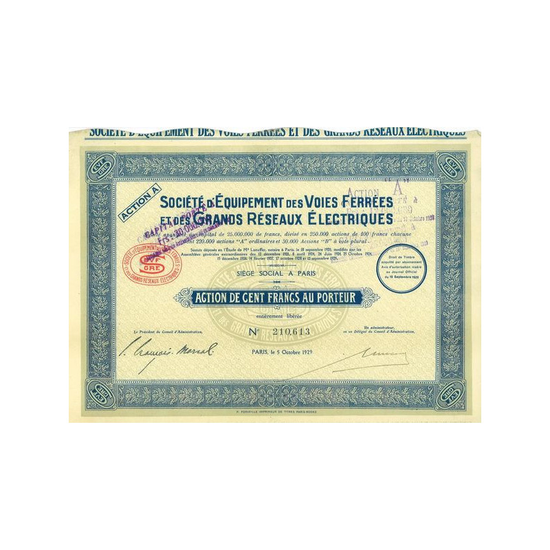 Sté d'Equipement des Voies ferrées et des Grands Réseaux Electriques (Act 100 F)(1929)