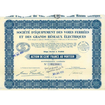 Sté d'Equipement des Voies ferrées et des Grands Réseaux Electriques (Act 100 F)(1934)