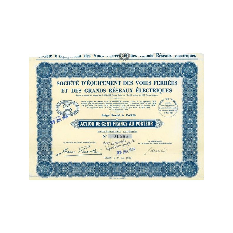 Sté d'Equipement des Voies ferrées et des Grands Réseaux Electriques (Act 100 F)(1934)