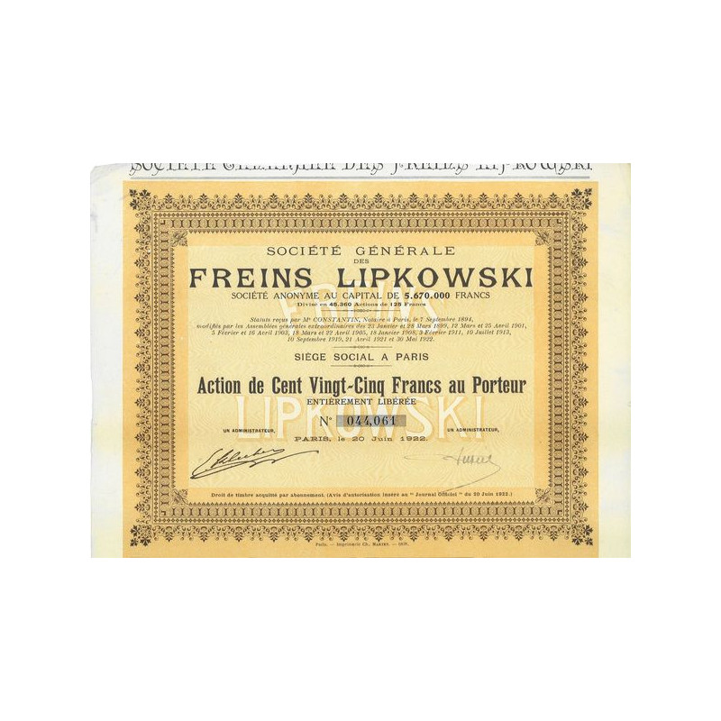 Sté Gale des Freins Lipkowski (Act)(1922)