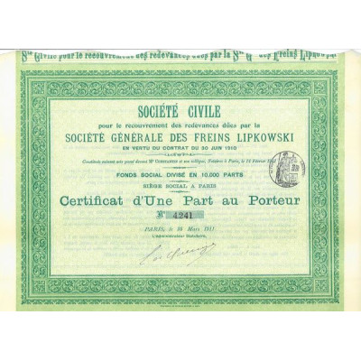 Sté Civile pour le Recouvrement des Redevances dûes par la Sté Gale des Freins Lipkowski