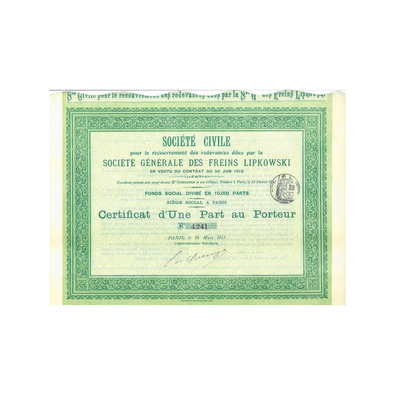 Sté Civile pour le Recouvrement des Redevances dûes par la Sté Gale des Freins Lipkowski