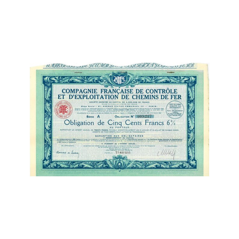 Cie Française de Contrôle et d'Exploitation de Chemins de Fer (Obl 500 F 6 %)