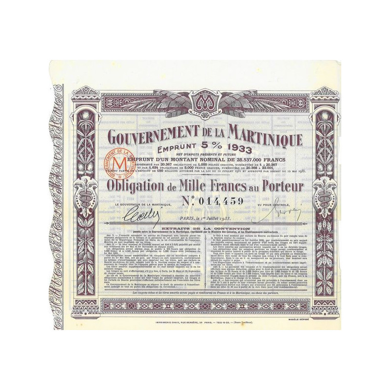 Gvt de la Martinique - Emprunt 5% 1933