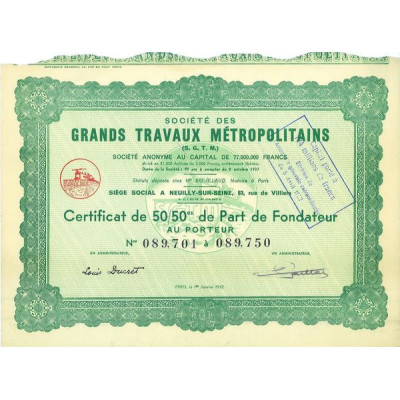 Sté des Grands Travaux Métropolitains (S.G.T.M.)(Certif)
