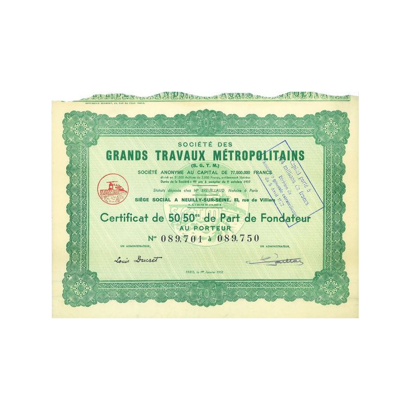 Sté des Grands Travaux Métropolitains (S.G.T.M.)(Certif)