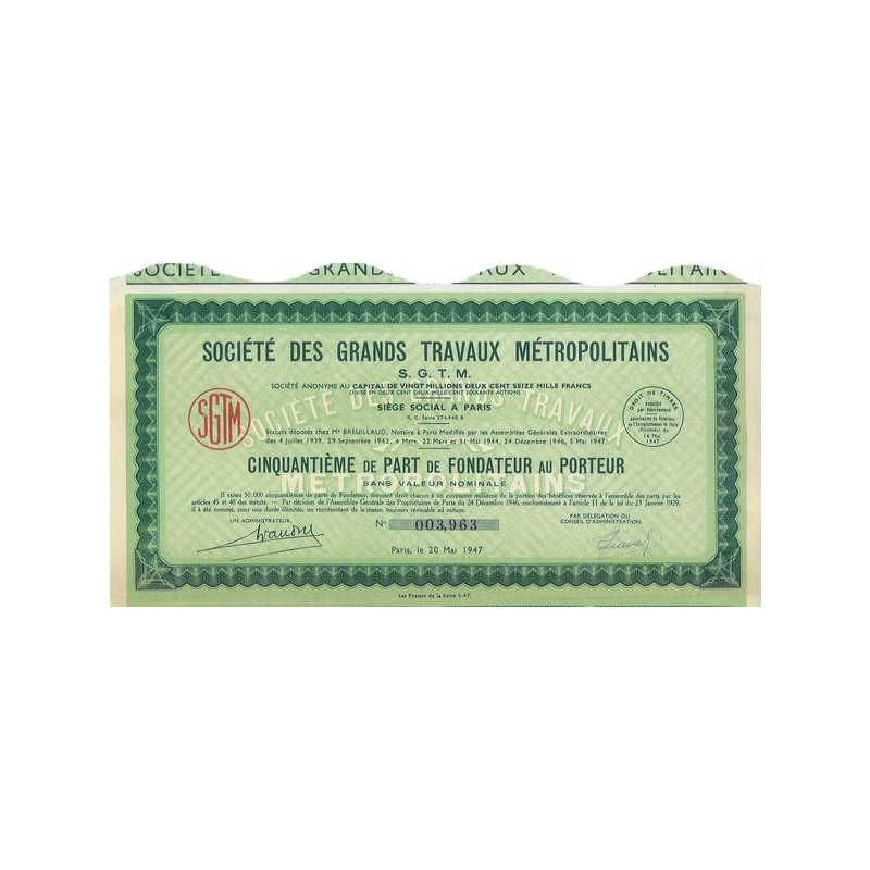 Sté des Grands Travaux Métropolitains (S.G.T.M.)(5ème de PF)