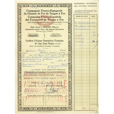 Cie Franco-Espagnole du Chemin de Fer de Tanger à Fez (Certif)