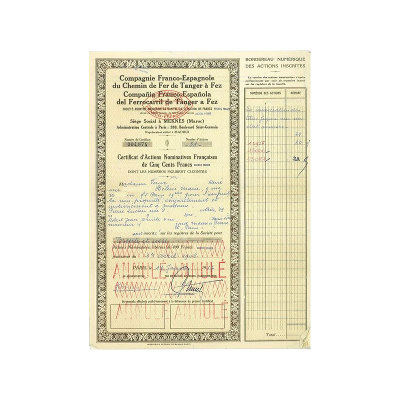 Cie Franco-Espagnole du Chemin de Fer de Tanger à Fez (Certif)