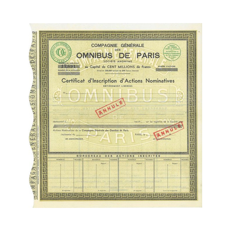 Cie Gale des Omnibus de Paris (Certif)(blanquette)