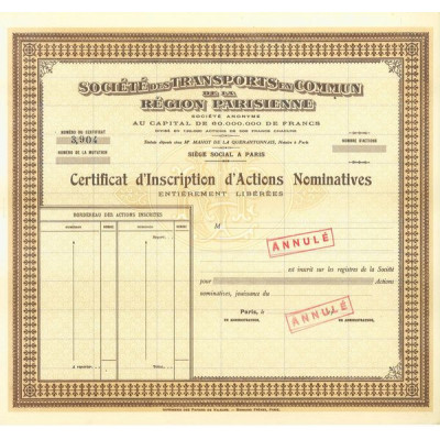 Sté des Transports en Commun de la Région Parisienne (Certif)(blanquette)