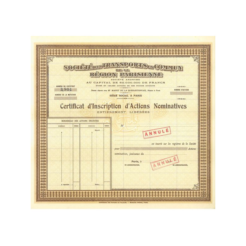 Sté des Transports en Commun de la Région Parisienne (Certif)(blanquette)