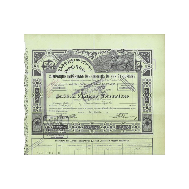 Cie Impériale des Chemins de Fer Ethiopiens (Certif Act Nomin)