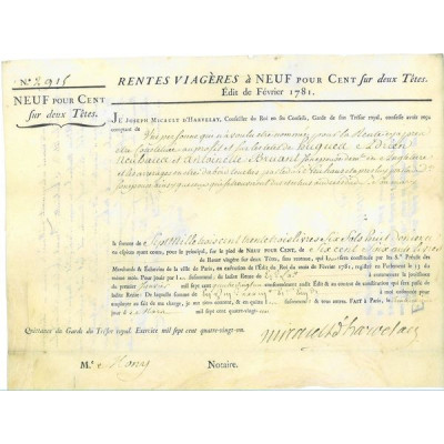 Rente Viagère à 9 % sur Deux Têtes - Rente de 7333 livres 6 sols 8 deniers