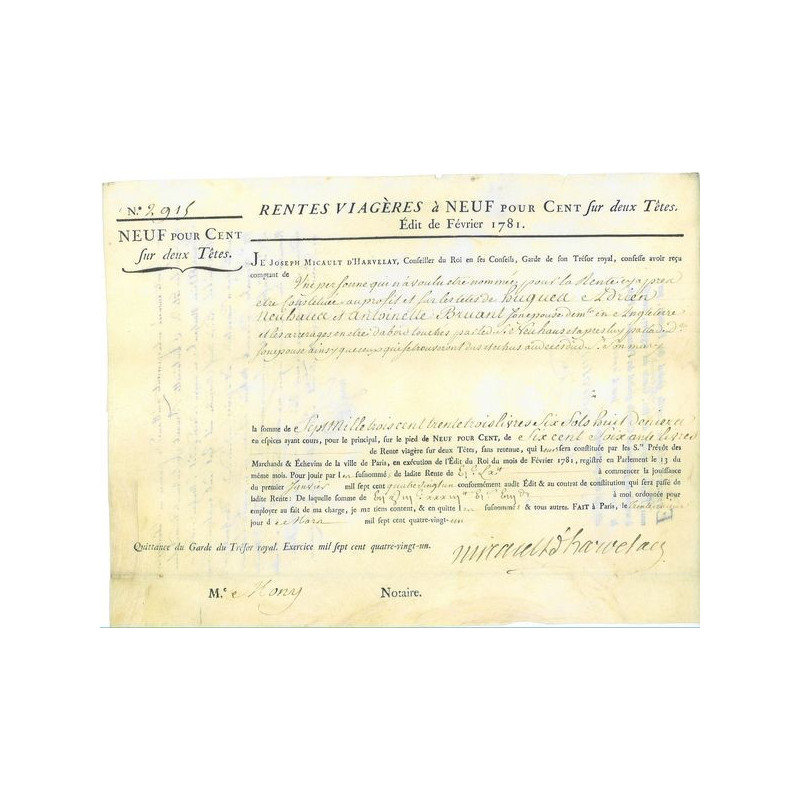 Rente Viagère à 9 % sur Deux Têtes - Rente de 7333 livres 6 sols 8 deniers