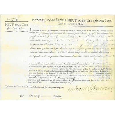 Rente Viagère à 9 % sur Deux Têtes - Rente de 3333 livres 6 sols 8 deniers