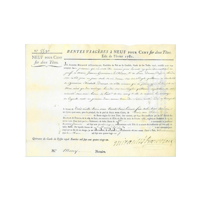 Rente Viagère à 9 % sur Deux Têtes - Rente de 3333 livres 6 sols 8 deniers