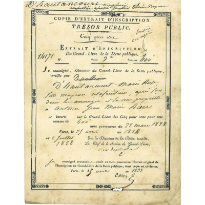 Trésor Public - Extrait d'Inscription du Grand Livre de la Dette Publique (400 F)