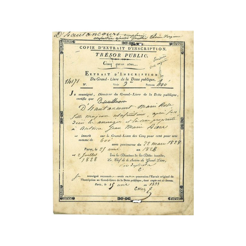 Trésor Public - Extrait d'Inscription du Grand Livre de la Dette Publique (400 F)