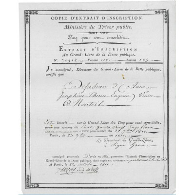 Trésor Public - Extrait d'Inscription du Grand Livre de la Dette Publique (183 F)