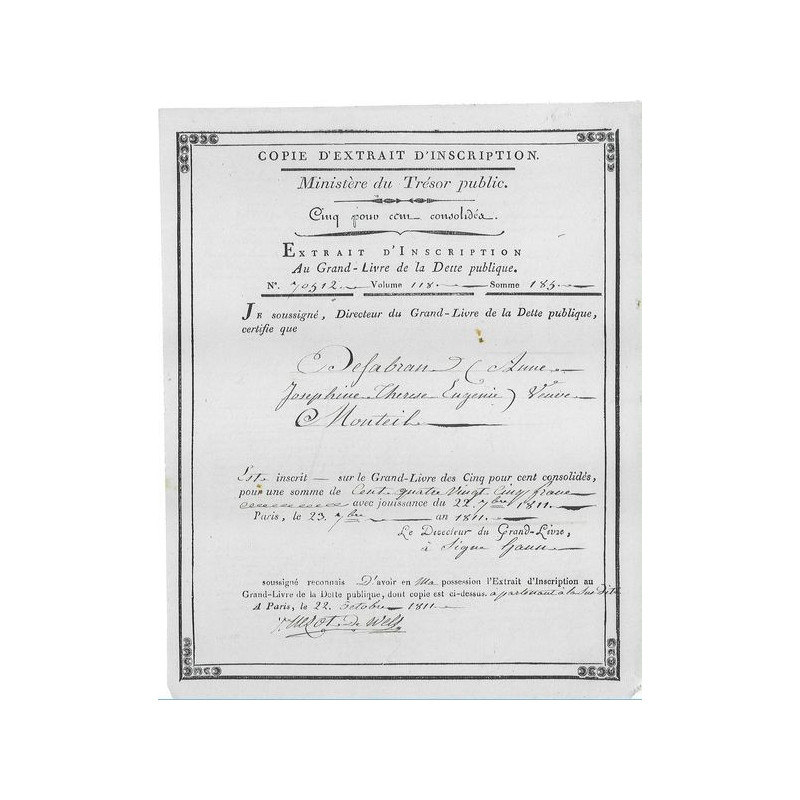 Trésor Public - Extrait d'Inscription du Grand Livre de la Dette Publique (183 F)