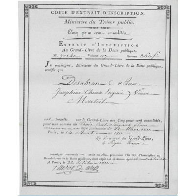 Trésor Public - Extrait d'Inscription du Grand Livre de la Dette Publique (360 F)