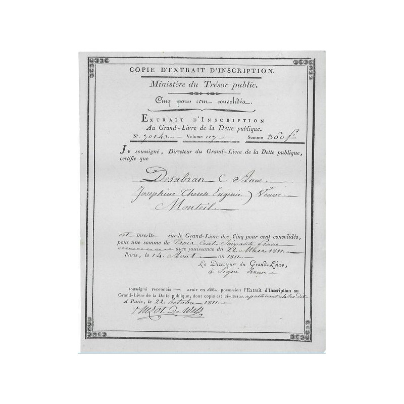 Trésor Public - Extrait d'Inscription du Grand Livre de la Dette Publique (360 F)