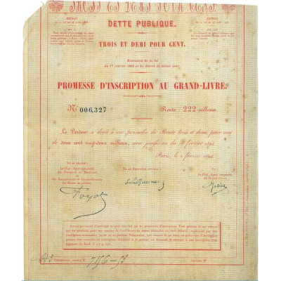 Dette Publique 3.5 % - Promesse d'Inscription au Grand Livre