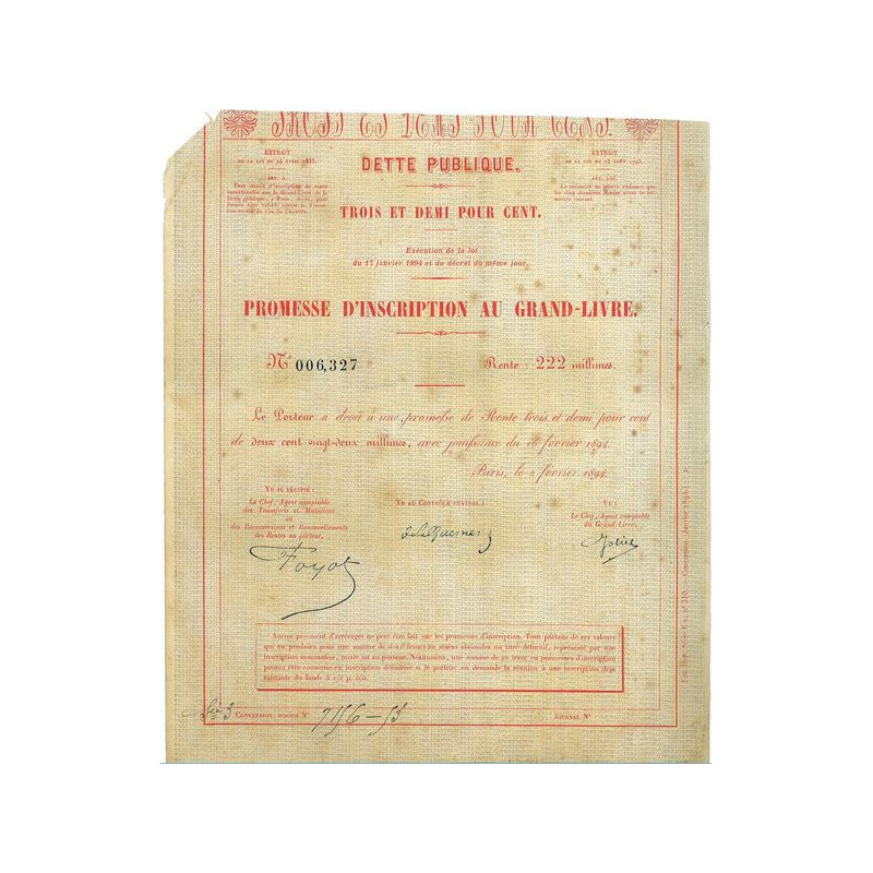 Dette Publique 3.5 % - Promesse d'Inscription au Grand Livre