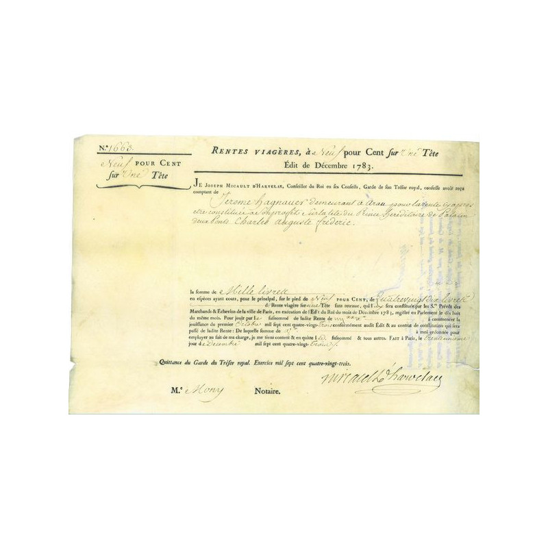 Rente sur la Tête du Prince Héréditaire de Palatin Deux Ponts - 9 %