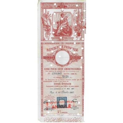 Dette publique 5 % Amortissable 1937 Rente 100 F