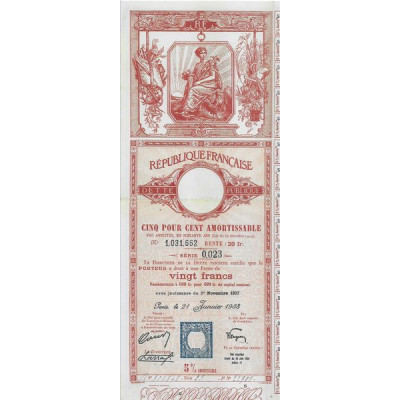 Dette publique 5 % Amortissable 1938 Rente 20 F